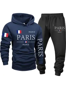 Men's Fleece 2-Piece Set, PARIS - France, Printed, Trendy, Long-sleeve Pullover, Kangaroo Pocket, Fall/Winter