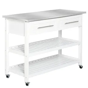Kitchen Island with Stainless Steel Top – Traditional Kitchen Island with Storage, Butcher Block Cart, 2-Tier Open Shelves, 2 Drawers, Rustic Farmhouse Style, 4 Casters (2 Lockable), 3-Tier Design, for Kitchen, Dining, White