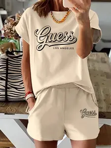 2-Pack Fashionable Crew Neck Women's Short Sleeve Shorts Set Guess Riddle Los Angeles Trendy Set Casual Solid Color T-Shirt and Hot Pants Set Women's Set le for Daily Wear