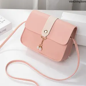 Women's Cute Pearl Pendant Crossbody Shoulder Bag - Color Block Mini Flap Purse Shoulder Bag, Lightweight Faux Leather Small Handbag for Daily Travel