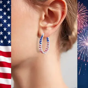 4th of July Patriotic Hoop Earrings, American Flag Red White and Blue Sparkly Crystal Jewelry for Women, Independence Day Accessories for Shirts Outfits
