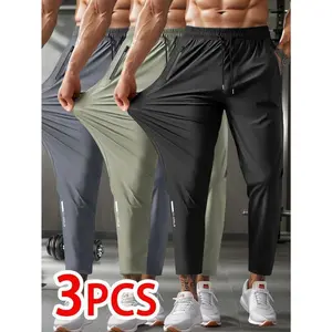 Men’s 3-Pack Stretch Drawstring Joggers – Casual Athletic Pants with Zippered Pockets, Nylon Blend, Solid Color