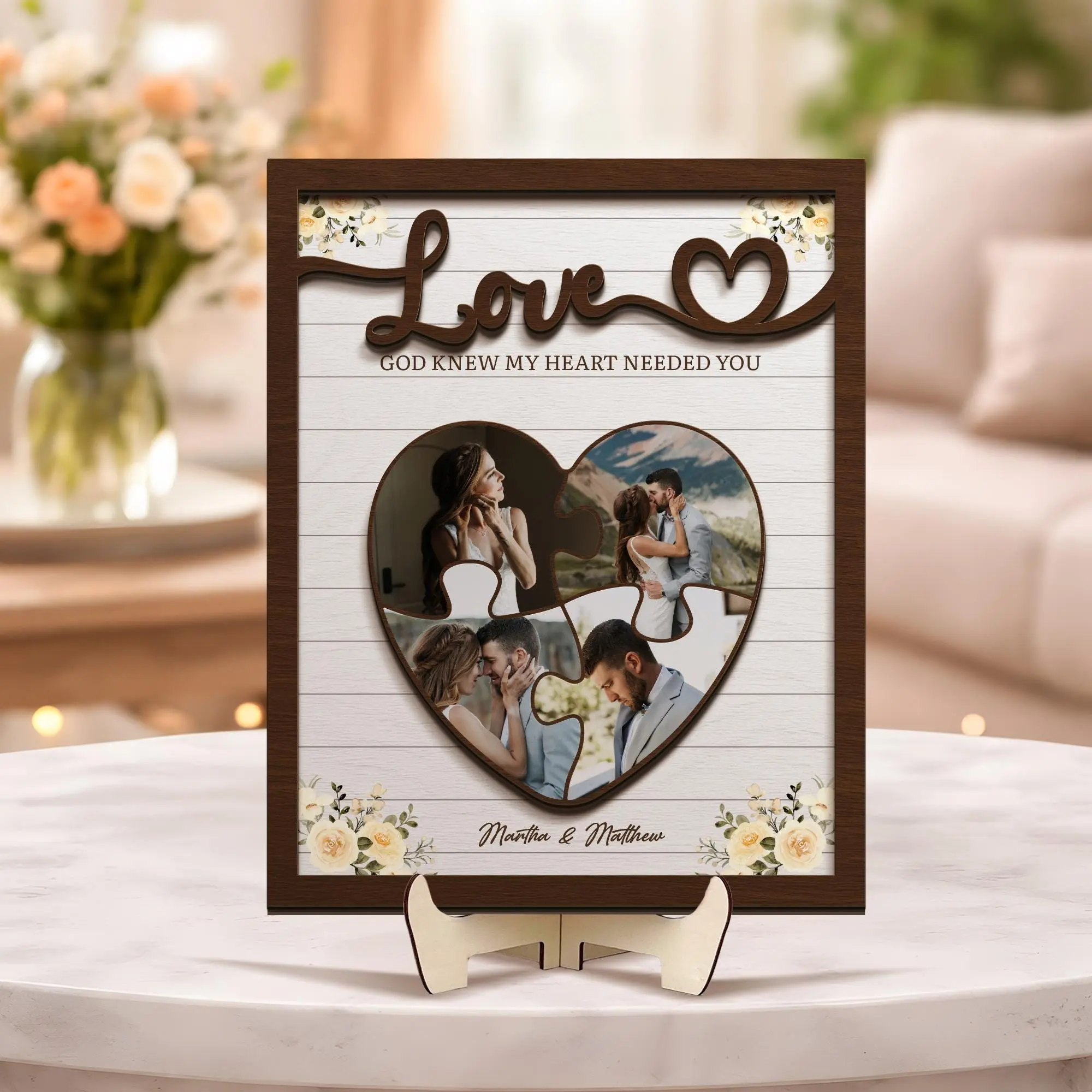 Personalized Heart Puzzle Photo Wooden Frame, Custom Couple Picture Frame, Engraved Names Romantic Gift, Anniversary Valentine's Day Keepsake