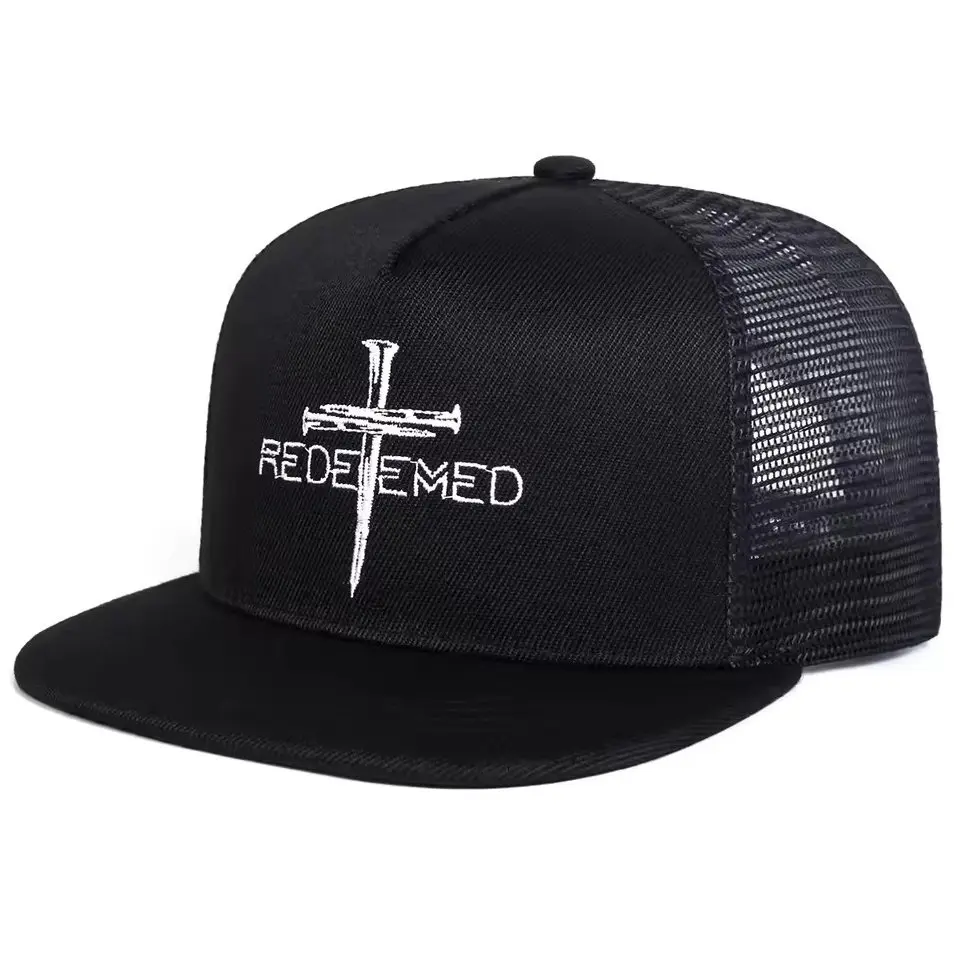 Unisex REDEEMED Cross Embroidery Hip-hop Net Hats Trucker Hat Embroidered Adjustable Unisex Retro Americana Essential Embroidered Baseball Cap Custom Thread Color Vintage Soft Cotton Adjustable Hat Trendy Streetwear Gift for Men & Women