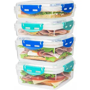4 Sandwich Containers - 100% Airtight & BPA-Free & Microwave & Dishwasher Safe Kitchen Storage Containers with Upgraded Snaps, 2 heightened Containers for Lunch Boxes and 2 normal version
