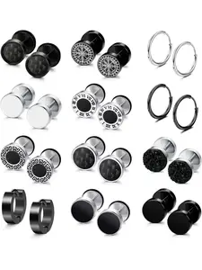 12 Pairs Mens Earrings Stainless Steel Silver Black Stud Earrings Set Hypoallergenic Black Huggie Hoop Earrings Fake Plug Helix Piercing Flat Back Earrings for Men Women Stud Earring Jewelry Studs Earrings