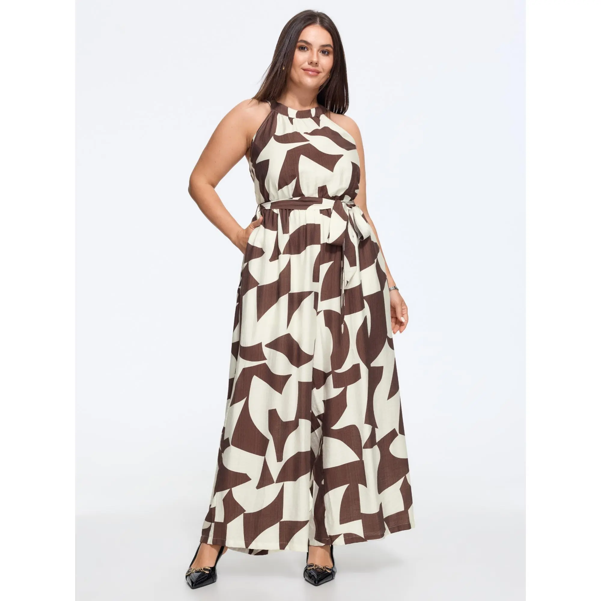 BLOOMCHIC Women's Plus Size Geometric Print Halter Neck Tie Waist Wide Leg Jumpsuit Overalls - Nylon Garment with Pocket, Flattering Fit, [M-6X], Back To School, Fall Pick