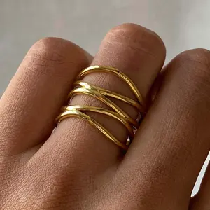 RINGLUX - Stainless Steel Metal Irregular Line Open Rings For Women Minimalist Gold Color Geometric Curved Adjustable Ring Jewelry Gift