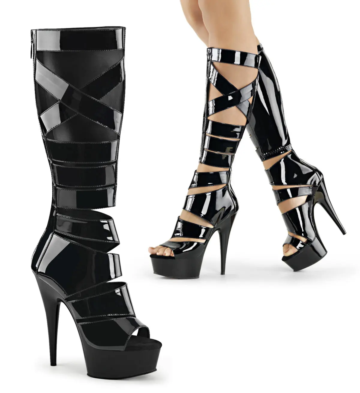 Women's Knee-High Gladiator Boots in Black Patent, 6" Stiletto Heel Platform Shoe with Cutout Cage Design for Party & Clubwear, Statement Shoes