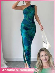 women's graphic print asymmetrical neck  dress, elegant sleeveless split  dress for party holiday wedding guest, ladies summer clothes
