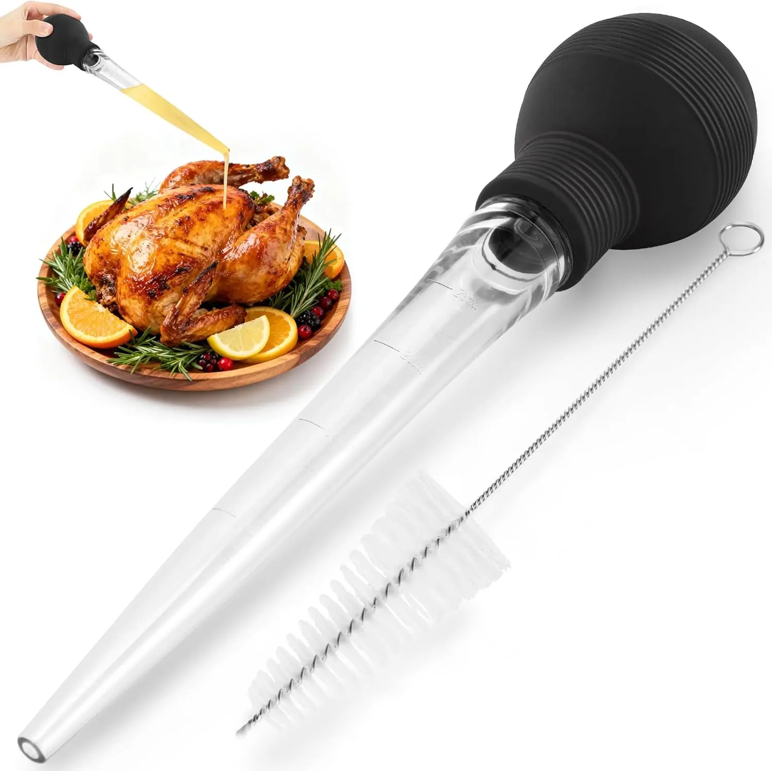 Large Turkey Baster for Cooking Premium Heat Resistant Silicone Syringe with Easy Grip Design Cleaning Brush Dishwasher Safe Black