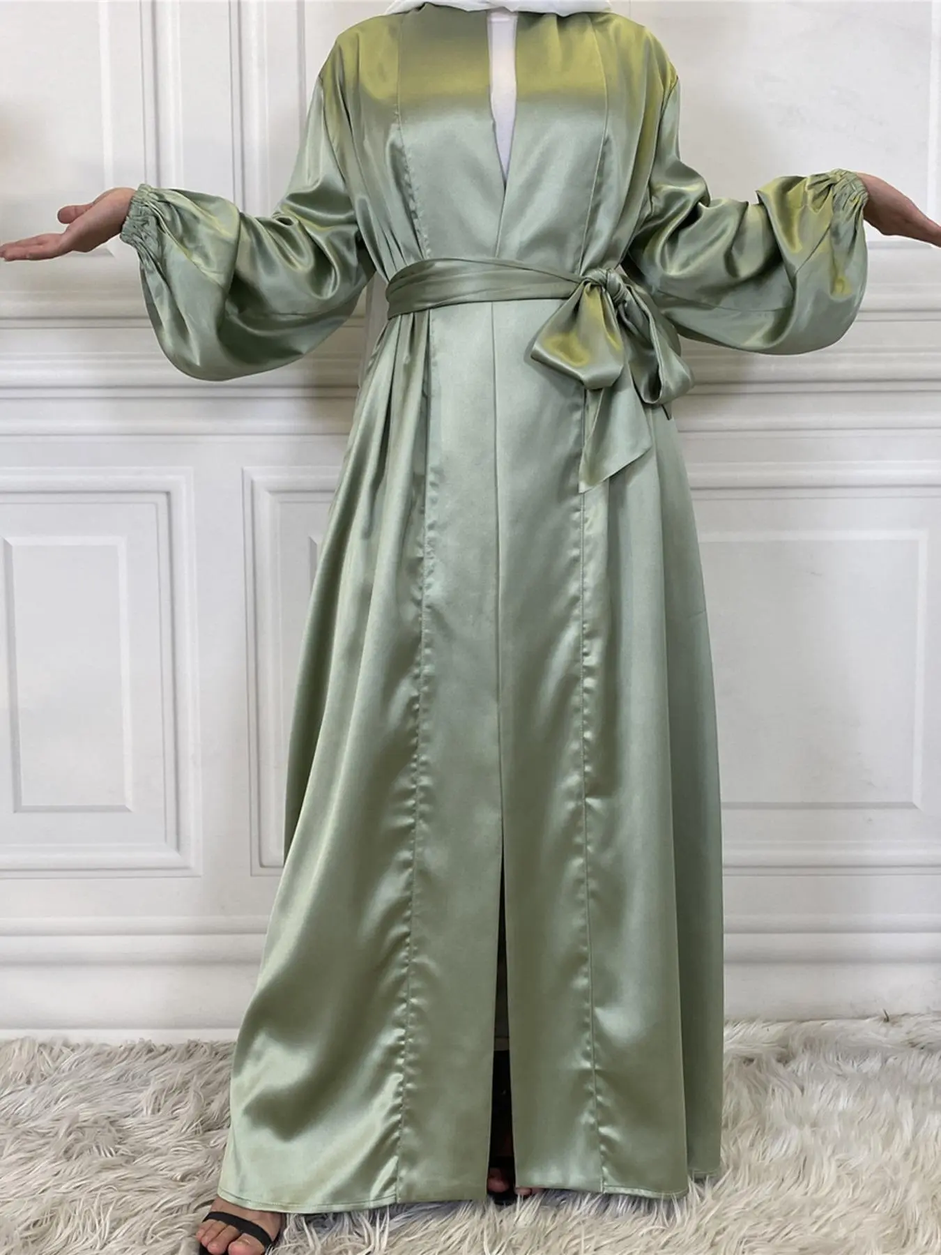 Women's Solid Bishop Sleeve Belted Robe, Casual Long Sleeve Open Front Outerwear for Daily Wear, Women's Islamic Clothing for Spring & Fall