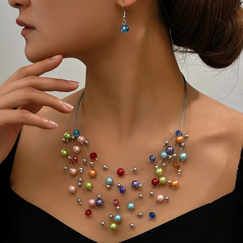 1 Set Boho Multilayer Colorful Imitation Pearl Beads Necklace&Earrings Set For Women Jewelry Set Party Gift