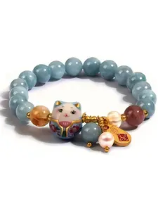Lucky Fortune Cat Bracelet with Blue Stone, Ceramic Cat Pendant, Feng Shui Good Luck Jewelry, Women's Bracelet, Wealth Symbol Gift