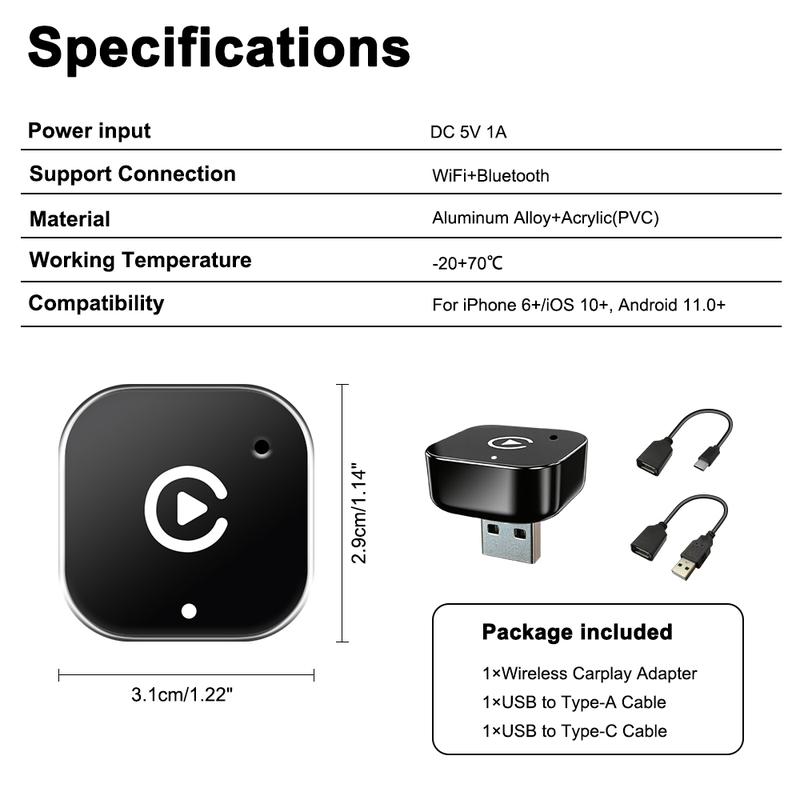 Wireless CarPlay Adapter for CarPlay & Android Auto Converts Wired to Wireless Mini Size with USB-A & USB-C Cables Compatible with iPhone 6+ & Android 11+