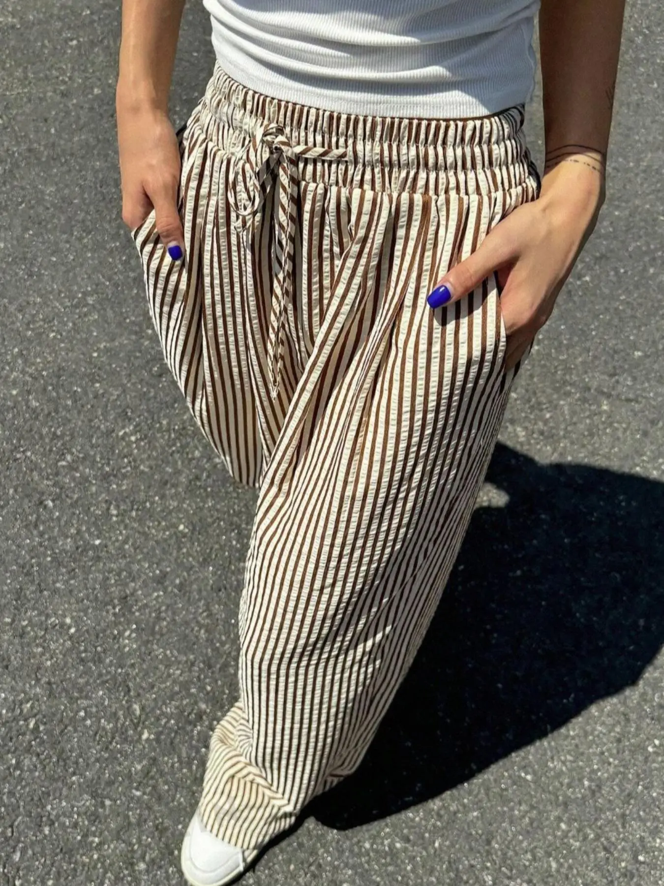 Women's Striped Print Adjustable Drawstring Waist Wide Leg Pants, Casual Bohemian Trousers, Casual Pocket Trousers for Daily Wear, Ladies Bottoms for All Seasons, High Waist
