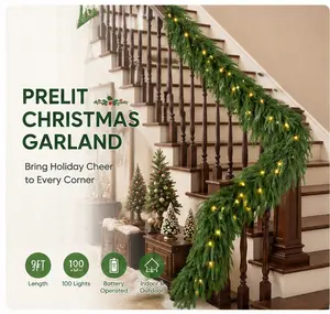 9FT Prelit Christmas Garland with 100 Warm White LED Lights Battery Operated Indoor Outdoor Holiday Decoration