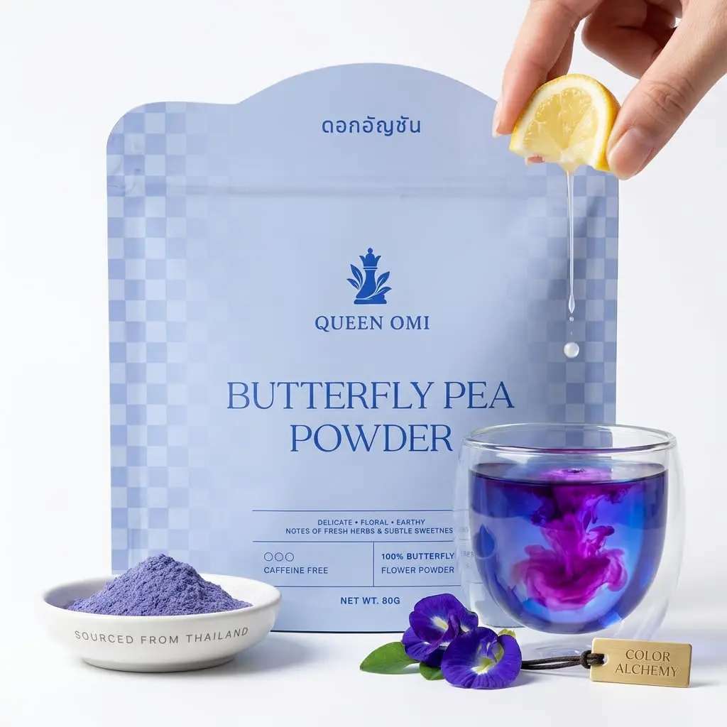 Queen Omi Organic Butterfly Pea Flower Tea Powder BUNDLE | Herbal Tea | Natural Food Coloring | Caffeine Free Tea | Plant Based Superfood | Blue Matcha | Color Changing Magic | Sun Dried in Thailand | 80g