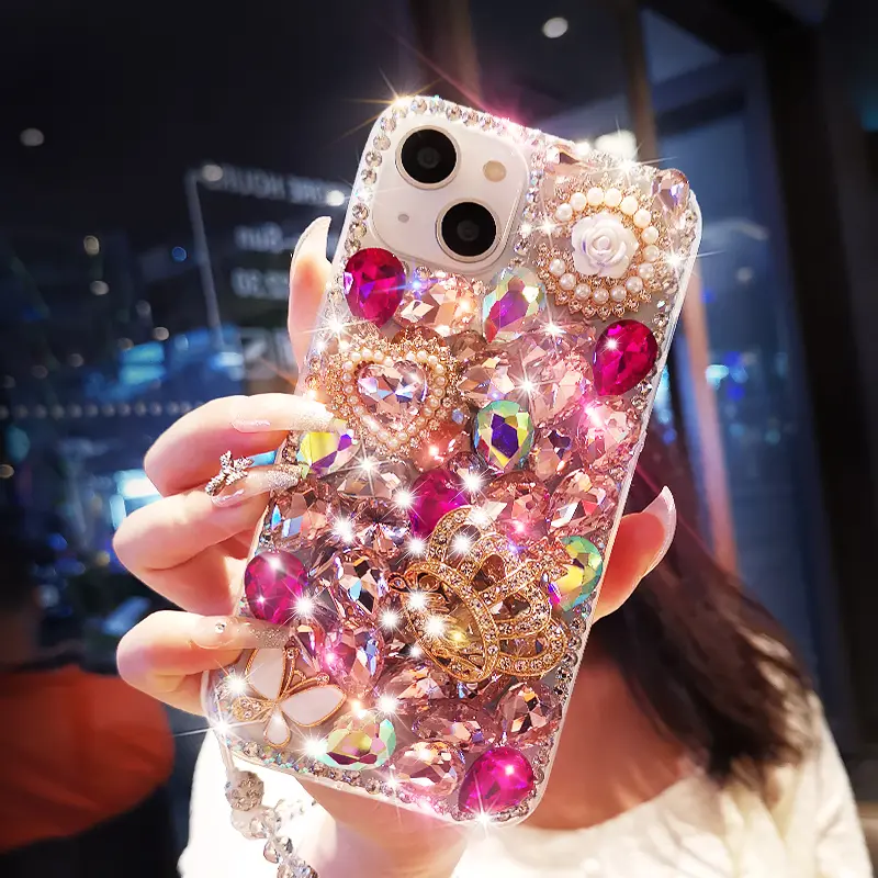Luxury Rhinestone Protective Smartphone Case - Lightweight, Anti-Drop, Shockproof, Full Body, Dustproof Multi-Model Accessory with 3D Diamond Crown Lanyard, Precise Cutouts for iPhone Series (16,15,14,13 Pro Max,12,11,X,Xs,Xr,6,7,8) Blush Pink Cover