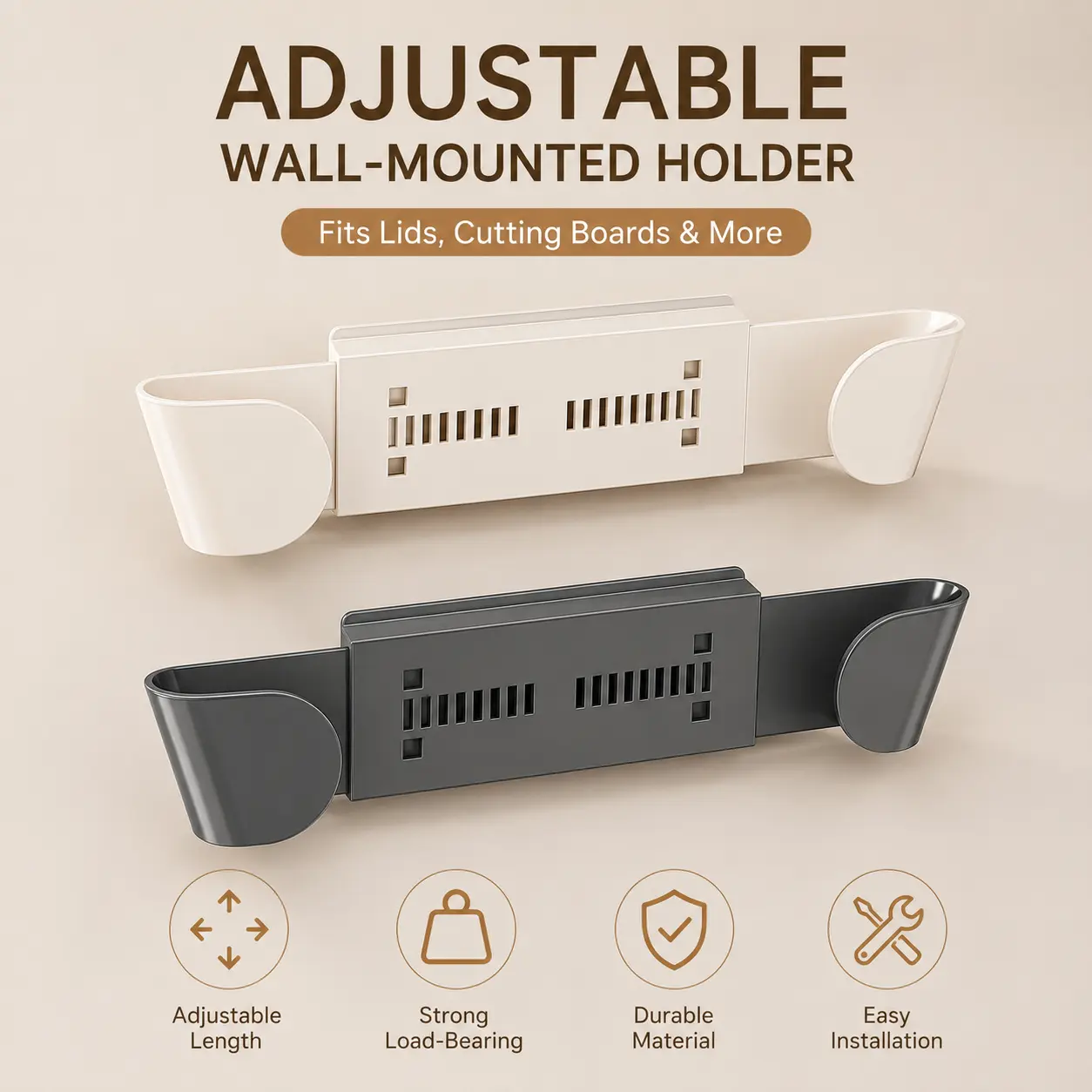 Wall Mounted Retractable Pot Lid Organiser, 1-Count Adjustable Kitchen Wall Storage Rack for Pot Lids and Cutting Boards