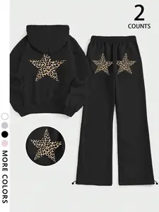 Pastel Pink Leopard Star Streetwear Tracksuit Set, Oversized Hoodie + Wide-Leg Joggers, Y2K Aesthetic Co-ord, Soft Matching Loungewear, Casual OOTD for Lazy Days & Fashion Fits