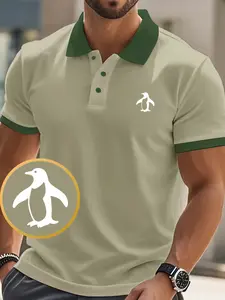Penguin Geometric Print Polo Shirt, Slim-Fitting Casual Men's Top, British Style Collar, Ideal for Daily Wear, Business Meetings, Travel