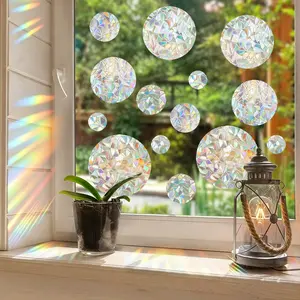 14pcs/2sheets Circle Rainbow Colorful Suncatcher Decorative Window Clings, Anti-Bird Strike Decals, Self-Adhesive Static Clings for Glass Doors & Windows