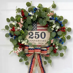 4th of July Eucalyptus Wreath for Front Door - 23 inch 1776-2026 USA 250th Anniversary Patriotic Outdoor Decorations, Memorial Day Wreaths with Red White Blue Berries and Bow