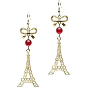 Sultry Paris in Love Bow Charm Red Beads Antiqued  Tone Dangle Earrings