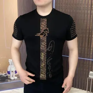 LuxuryRhinestoneShortSleevedT-shirtforMenSummerRoundNeckSlimFitCasualTshirtSocialStreetwearTeeTopsM-5XLMenswearShortsleeveFathersdaygiftTropicalBlackCrewneck