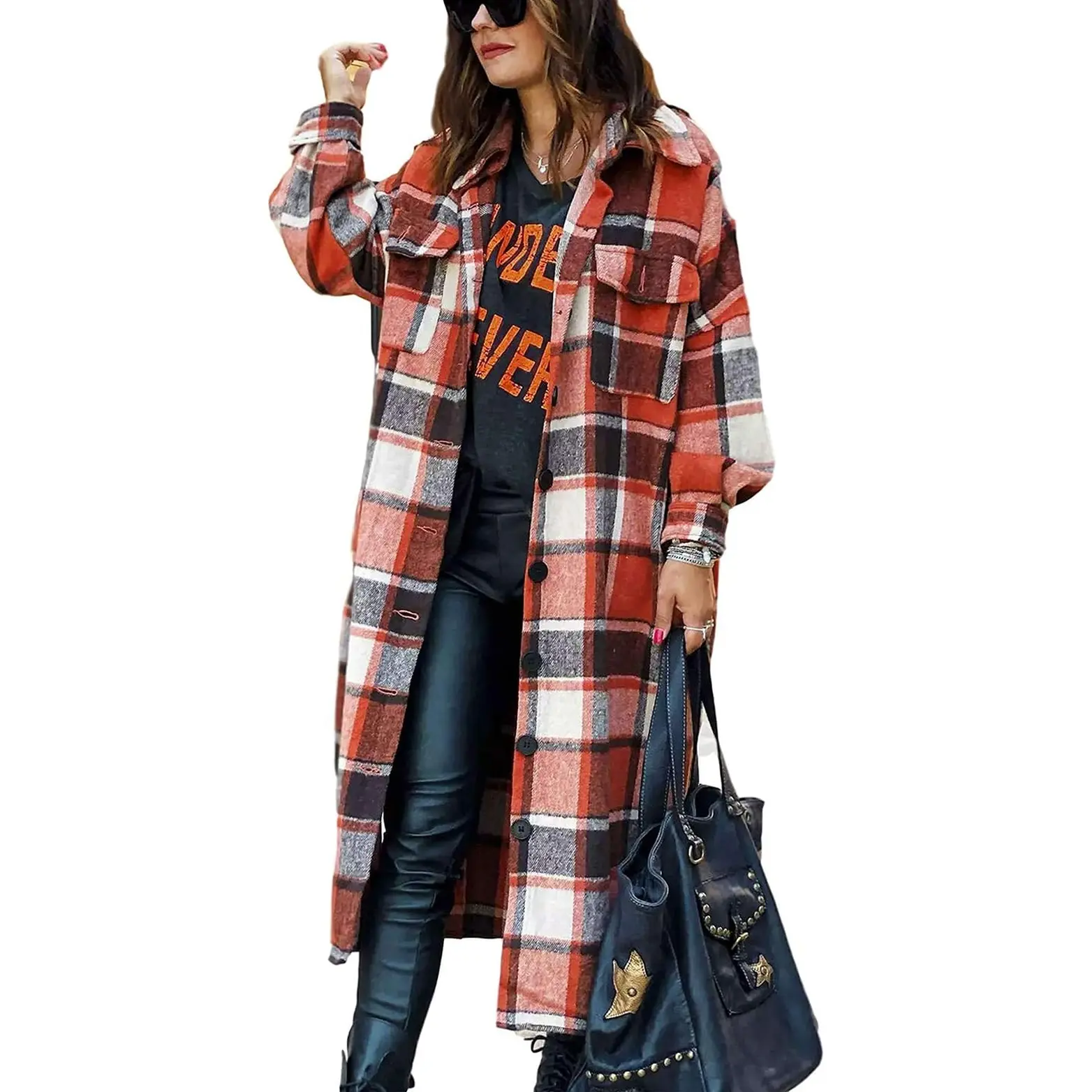 Omoone Women'S Flannel Plaid Shacket Fall Oversized Long Button down Shirt Jacket Shackets