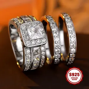 925 sterling silver princess square zircon ring, set of three, halo set, women's wedding band.