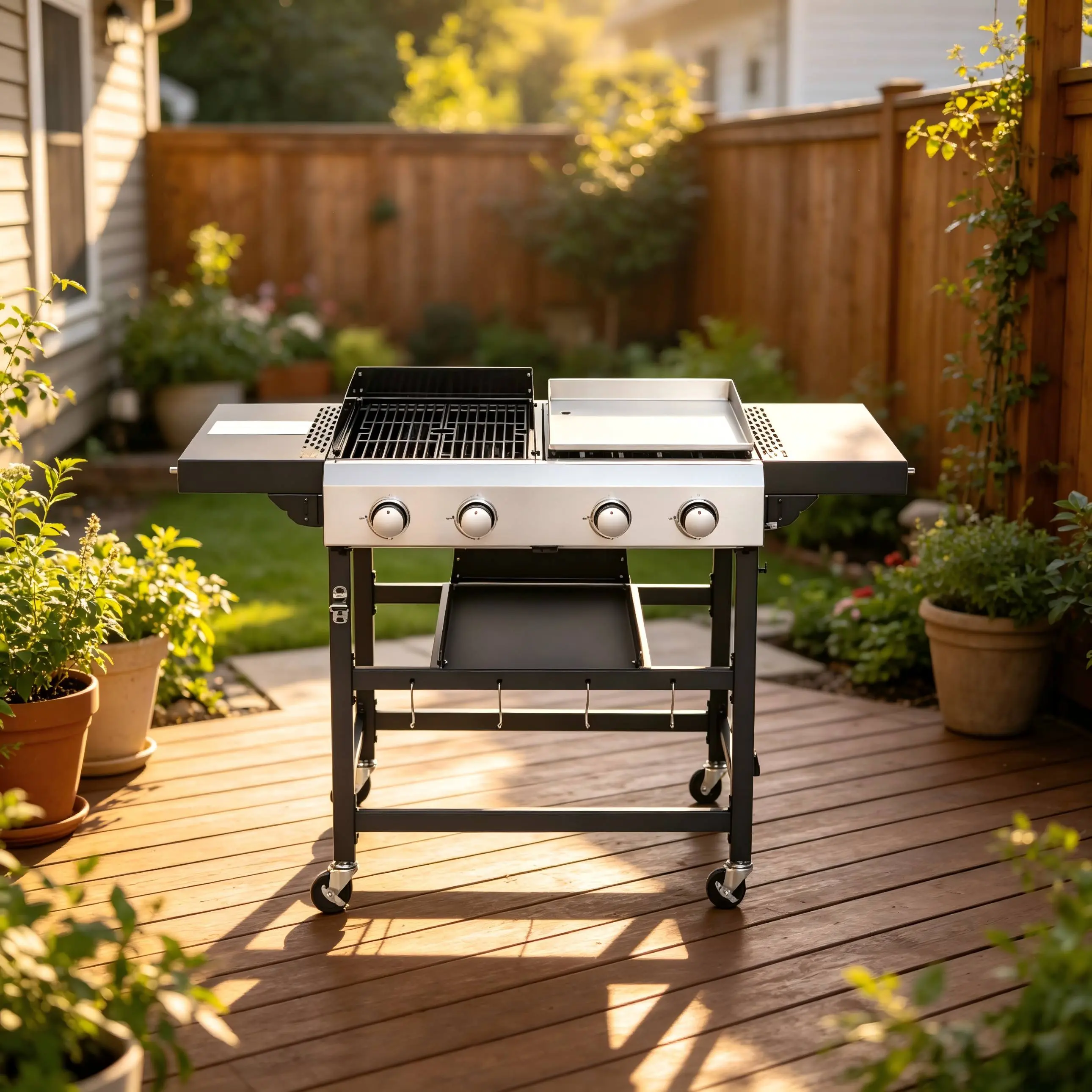 2in1 Outdoor Propane Gas Grill & Flat Top Griddle Combo | 38,200 BTU 2 Burner with Cast Iron Grates & Enameled Body