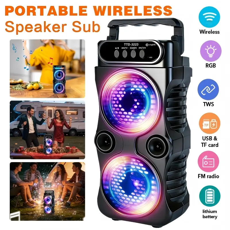 Portable Wireless Speaker With RGB LED Lights TWS Stereo Bass Subwoofer Support USB TF Card FM Radio Outdoor Camping Party Audio Player