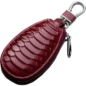 Car Key Case, Genuine Leather Vehicle Remote Key Fob Holder with Zipper & Metal Hook, Portable Automotive Smart Keyring Protector Bag Pouch, Universal for Truck SUV Sedan (Wine Red)