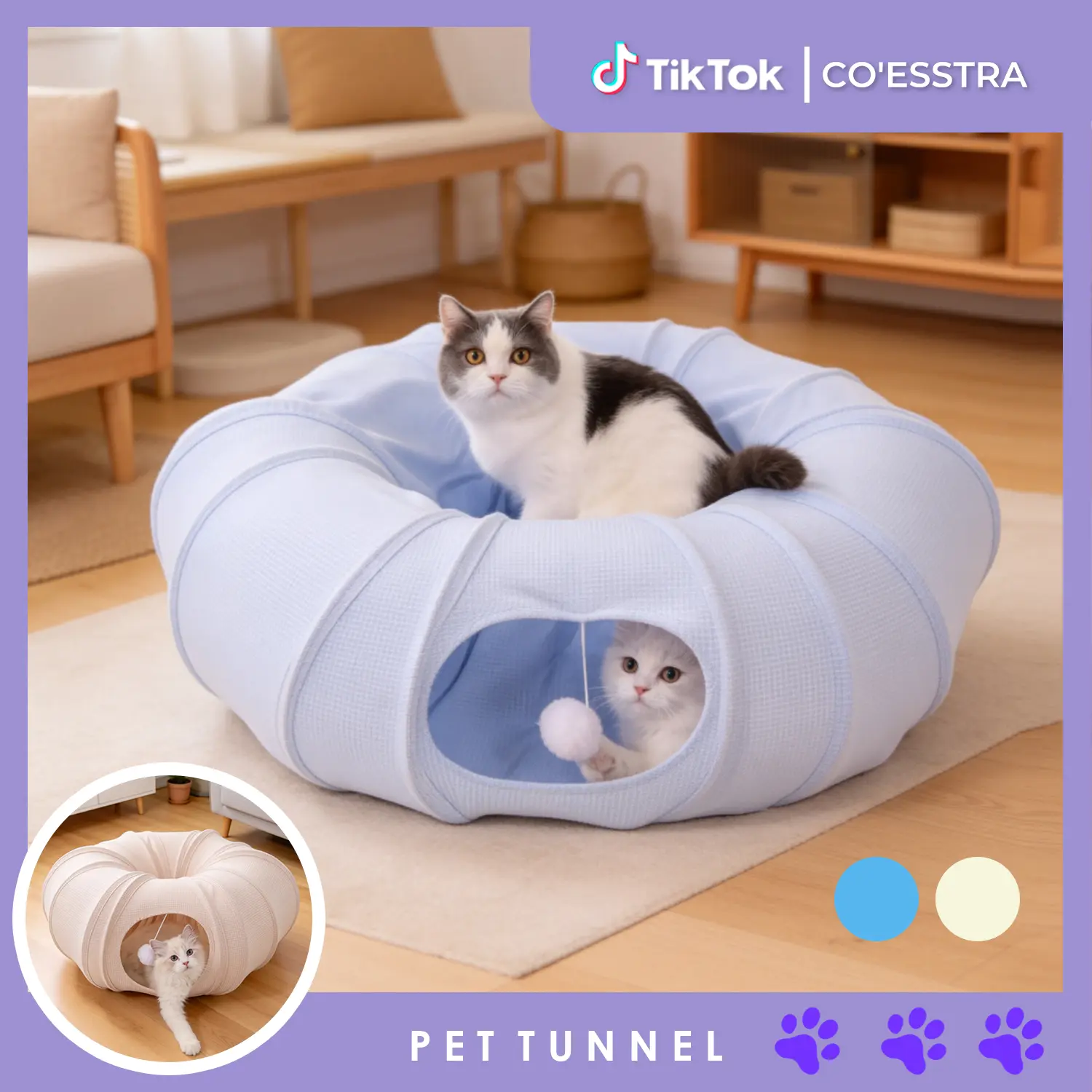 Co'esstra 4-in-1 Portable Compact Fabric Pet Tunnel - Foldable Hiding Exercise Hideout, Lounge Bed with Peek Hole, Hanging Ball Chaser for Indoor Cats, Multi-Use Plush Toy for Small Pets