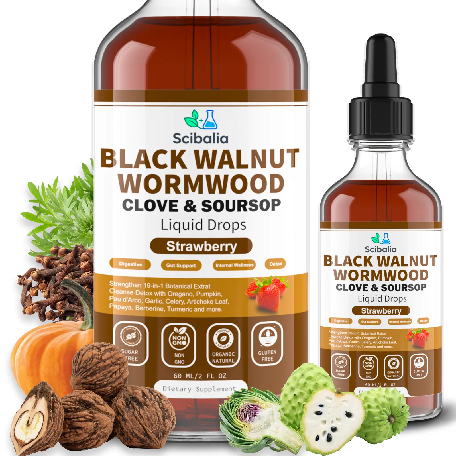 Wormwood Black Walnut Clove Cleanse for Human Drops, 19-in-1 Triple-Action Gut Detox & Digestive Wellness Organic Wormwood Tincture w. Soursop Pumpkin Garlic Oil of Oregano, Vegan