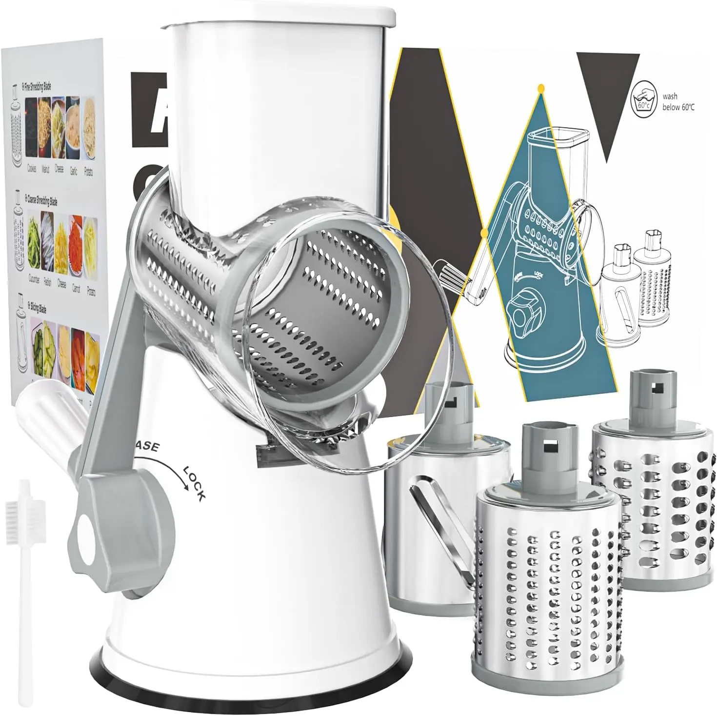 Cambom Rotary Cheese Grater Hand Crank Cheese Shredder for Fresh Cheese, Vegetable, Nuts,Non-Slip Suction Base, Free Cleaning Brush Three Blades, White Valuetools