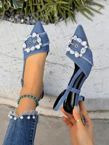 Women's New Summer Denim Rhinestone High Heel Elegant Open Toe Glitter Sandals, Comfortable Large Size Casual Shoes, Pointed Toe Thin Heel, Large Sizes Available, High Heeled Sandals