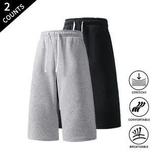 Summer Vibes 2-Pack Men’s Casual Knee-Length Sweat Shorts, Elastic Waist with Drawstring, Breathable Fabric, Suitable for Sports and Everyday Use, Comfortable Lounge and Streetwear Shorts for Men