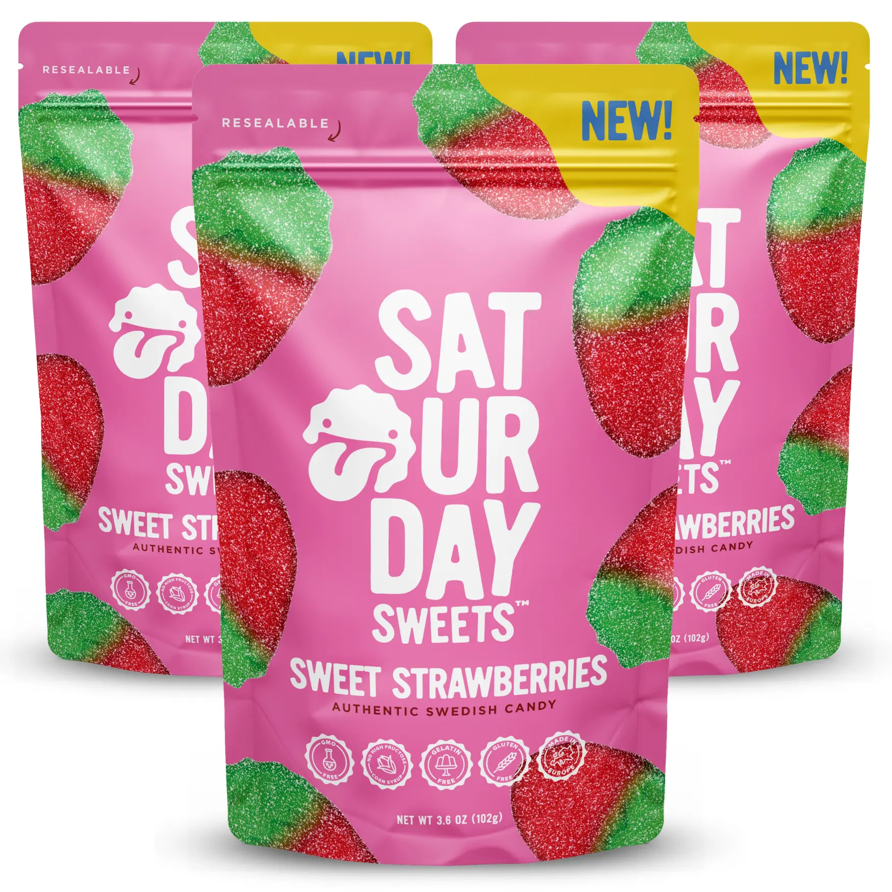 Saturday Sweets Sweet Strawberries | Strawberry Flavored Authentic Swedish Candy | Low Calorie & Non-GMO, Gelatin Free, No High Fructose Corn Syrup | Resealable, Made in Europe, Swedish Style | Better-For-You, Healthy Snacks for Adults & Kids (3 Pack)
