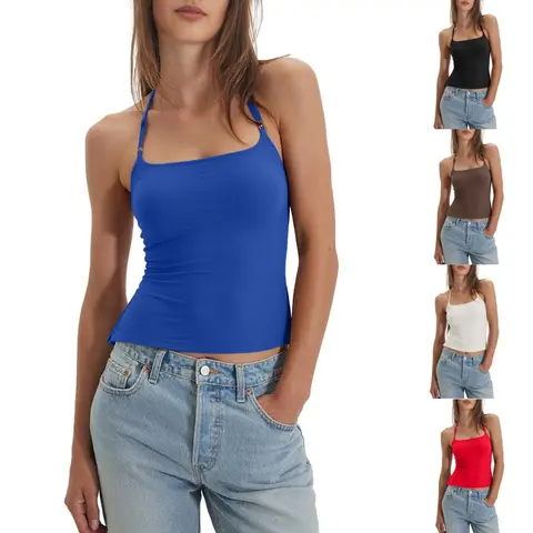 JOVENPARA Women's Fitted Sleeveless Cotton Halter Neck Crop Top - Backless Adjustable Spaghetti Straps, Breathable Casual Cami for College Students, Party Wear, XS Size Available
