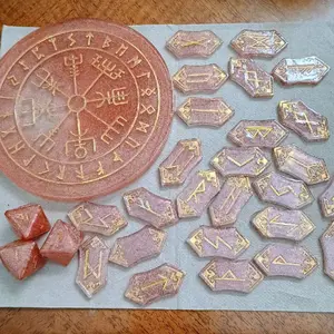 Rose Gold Colored Complete Divination Set with Engraved Runes and Central Mandala for Spiritual Insights
