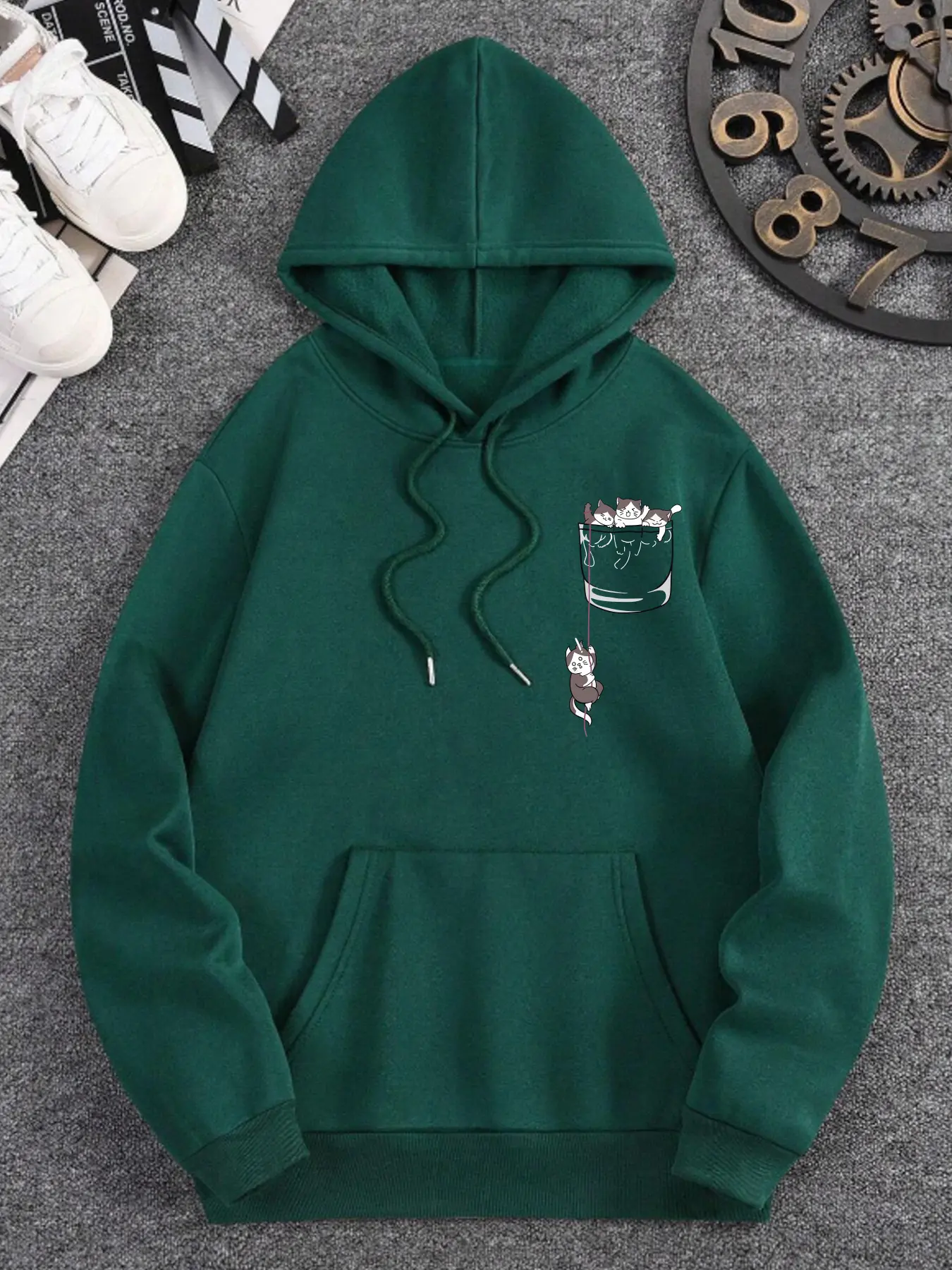 Whimsical Fable Essential Men's Hoodie with a Detailed Illustration of Cats in a Glass Jar, One Heroically Lowering a Rope, Enhanced by a Matrix of Numbers and Deconstructed Text for a Conversation-Starting Design