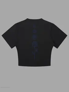 Women's Rose Print Round Neck Crop Sports Tee, Sporty Quick Drying Breathable T-Shirt for Yoga Running Gym Training, Ladies Sportswear for Summer, Gym Workout Tee