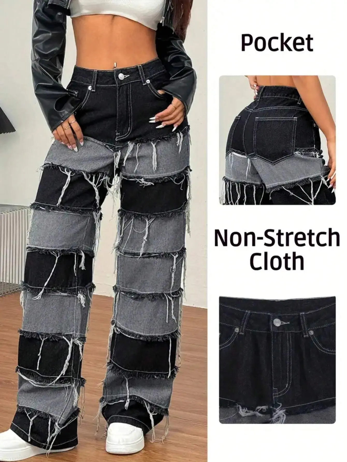 Women‘s Black Grey Patchwork Raw Fringe Frayed Wide Leg Jeans High Waist Tiered Distressed Patch Denim Pants Y2K Grunge Streetwear Baggy Trousers