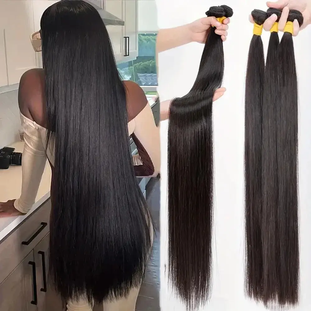 42 Inch Raw Bone Straight Brazilian Human Hair Bundles Remy Natural Color