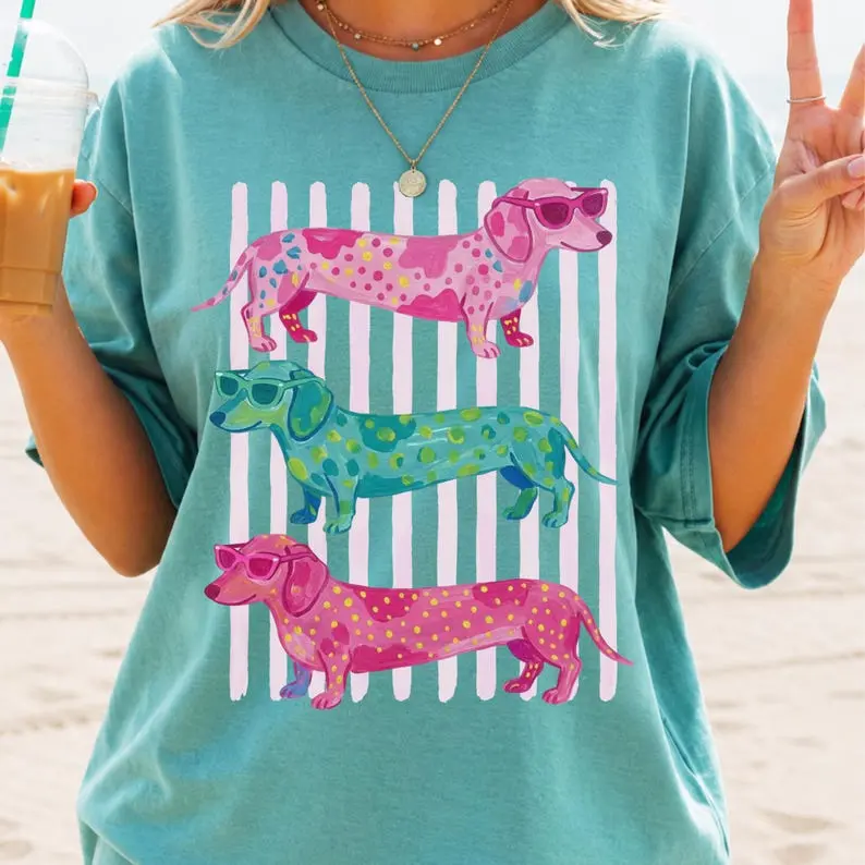 Comfort Colors Dachshund Beach T Shirt, Wiener Dog Summer Graphic Tee, Coastal Dog Lover Gift, Colorful Doxie TShirt, Cute Sausage Dog T-Shirt
