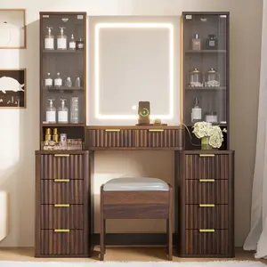 43.5" Fluted Makeup Vanity Desk with Mirror and Lights, Modern Glass Top Vanity Table with 10 Drawers  2 Transparent Glass Cabinets, Dressing Table Set with Stool and Charging Station
