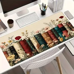 1pc Retro Books Gaming Mouse Pad Bow Floral Pattern Design Extended Desk Mat Office Desk Accessories, Office Stationery Supplies - Non-Slip Stitched Edge Computer Mat For Desk 35.4x15.7 Inches Rubber Base for Home Office & Gamer,Durable Spill-Resistant